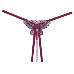 Embroidery Butterfly With Pearl Sexy Crotchless Thong