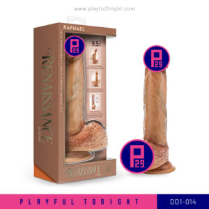 Playful2night_Blush | Renaissance | Raphael 9.5 Inch Realistic Dildo With Sliding Foreskin & Squeezable Balls - Dual Density - Liquid Silicone - Tan